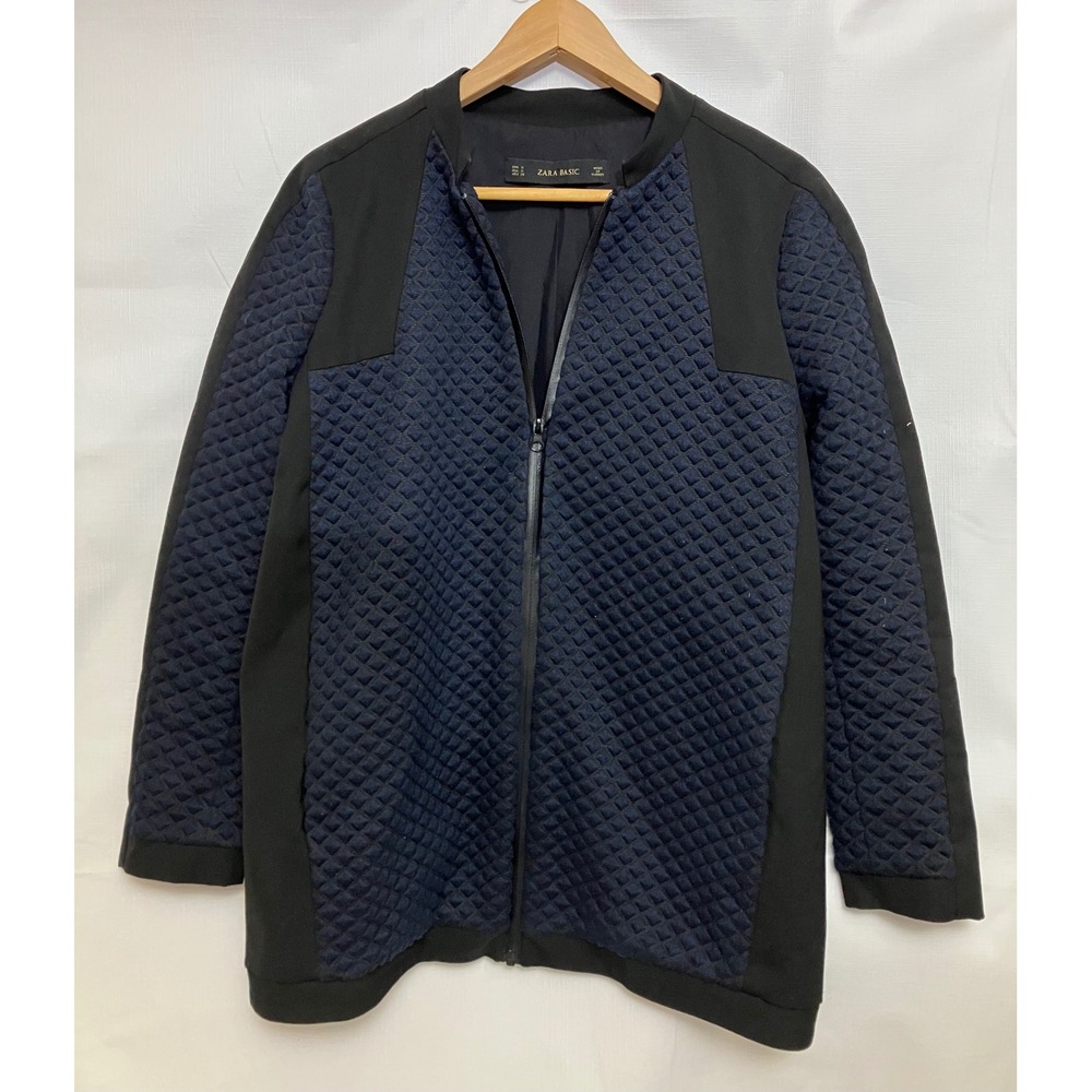 Zara Basic Jacket Women Small Navy Black Excellent Quilted Mixed Media Zip Up